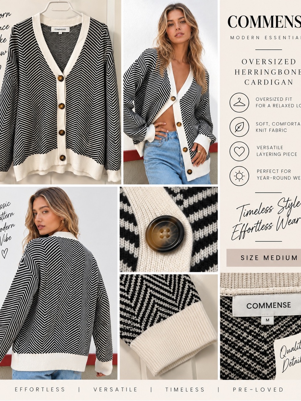 Commense Black & Cream Herringbone Oversized Cardigan
